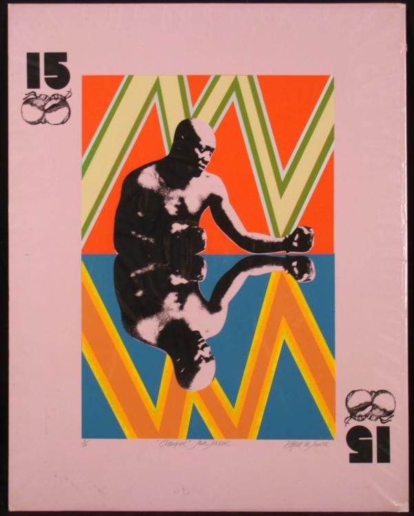 Alfred de Simone Champion Jack Johnson Signed 15 Print: Here is boxing champion Jack Johnson in the design of a big playing card, in a Pop Sport Art style. * Artist: Alfred de Simone Signature: In pencil, lower right Title: "Champion" Jack