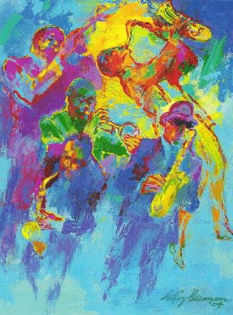 LeRoy Neiman Signed Serigraph Art Print "Jazz Horns": Two trumpets and three saxophones make up this jazz group, with blue setting the mood, and yellows and reds evoking the bright notes. The artist has been a great fan of jazz since his early days in Ch