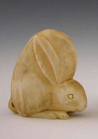 Remarkable Carved Ivory Netsuke early 20th c of a rab: Remarkable Carved Ivory Netsuke, early 20th c, of a rabbit MWF479R
