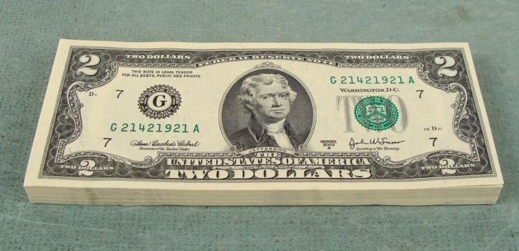 80 Consecutive $2 Chicago Bank Notes G 2003 A CU: 80 2003-A $2 bills * Grade: Mint, Crisp UncirculatedMint mark: G (Chicago)Serial Numbers: Consecutive *