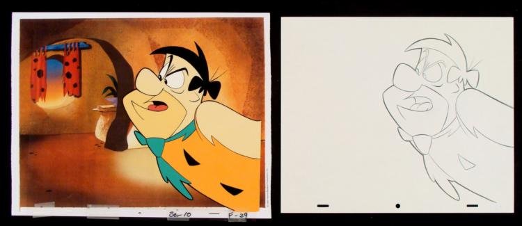 Upset Orignial Cel Production Fred Drawing Flintstones: This is totally unacceptable!!! The cel comes with a matching drawing overlay. * * Original Production Art Cel, Drawing, and Reproduction Background Original "rough" animation drawing, with nota