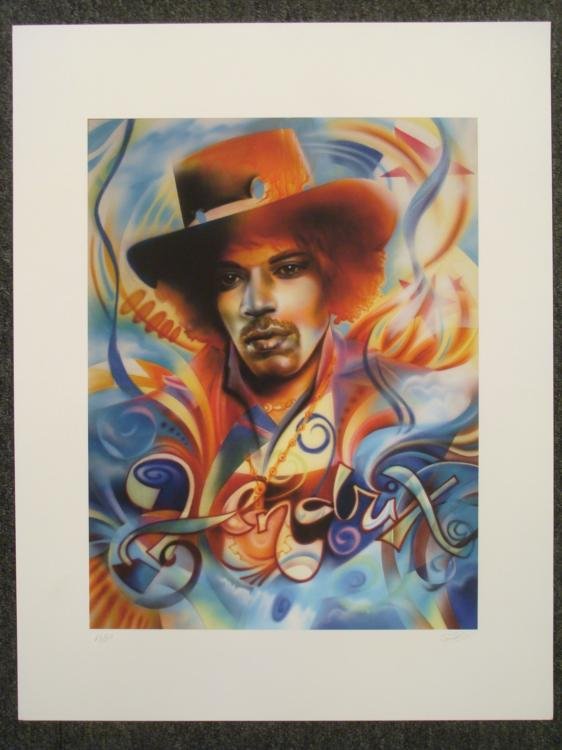 Jimmi Hendrix Signed Print Shen AP Psychedelic World: This artists mixture of colors, designs, and style makes you feel like you're on a psychedelic trip with Jimmi to a world unknown... * Artist: Shen Medium: Lithograph print on paper Signature: in