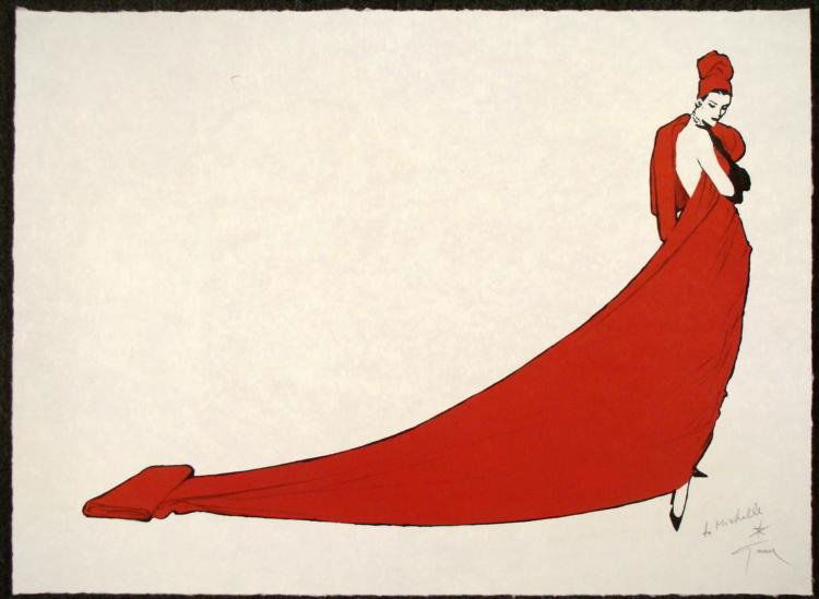 Rene Gruau Red Dress Women Signed Pencil Art Print: Wouldn't you like her to be your prom date? * Artist: Rene GruauMedium: Print on rice paper Signature: in pencil, lower rightSize: 23" x 31 1/2" Condition: Excellent Dedicated: "Michelle"- i