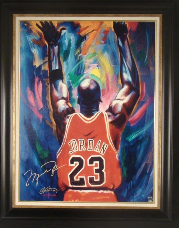 Michael Jordan Signed Art Print Frmd-Last Victory Dance: * Entitled THANKS FOR THE MEMORIES, this very prestigious limited edition series of museum quality fine art mixed media serigraphs on canvas commemorate his historic closing chapter on the basketball 