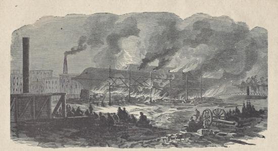 ORIGINAL Antique PRINT scene Burning of the Navy Yard: ORIGINAL Antique PRINT scene Burning of the Navy Yard at Savannah By the Confederates Dec 21 1864 (NOT A REPRODUCTION) that was createdand produced, using a wood cut (Scene carved out of a wood bl