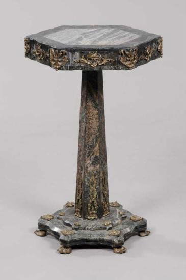MWF1323 Bronze-Mounted Marble Pedestal Table 20th centu: MWF1323 Bronze-Mounted Marble Pedestal Table 20th century, variegated green and gray marble set with bronze mounts and feet, base with wooden bottom plate, 31-1/2 x 20-1/2 in.