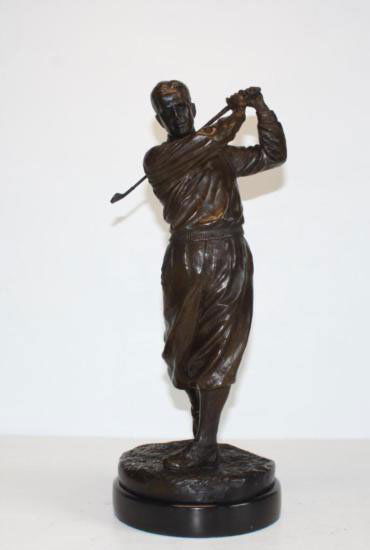 Striking Bobby Jones Golfer Bronze Sculpture After Ro: Striking Bobby Jones Golfer, Bronze Sculpture, After Ron Tunison 15.5H x 6.5W x 6.5D 14 lbs. This bronze sculpture was produced using the Lost Wax casting method. The Lost Wax Cast method is t