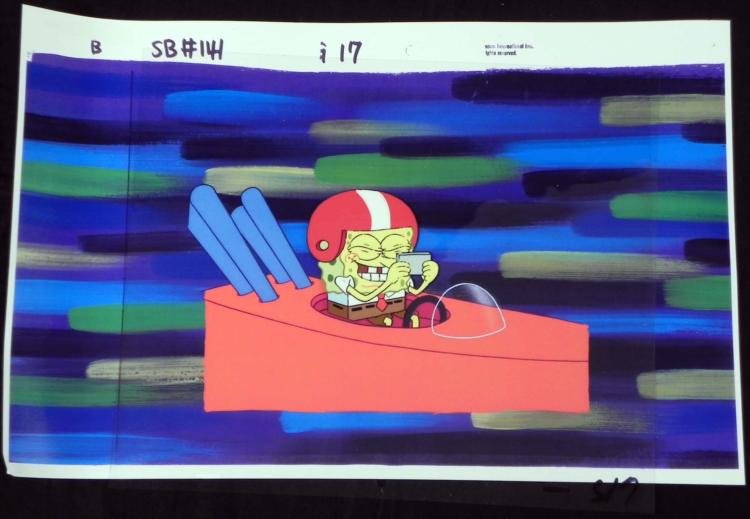Orig SpongeBob Animation Cel & Background Drivr License: This original hand-painted cel with reproduction background is from the Nickelodeon TV show SpongeBob Squarepants. The story takes place under the deep blue sea in Bikini Bot