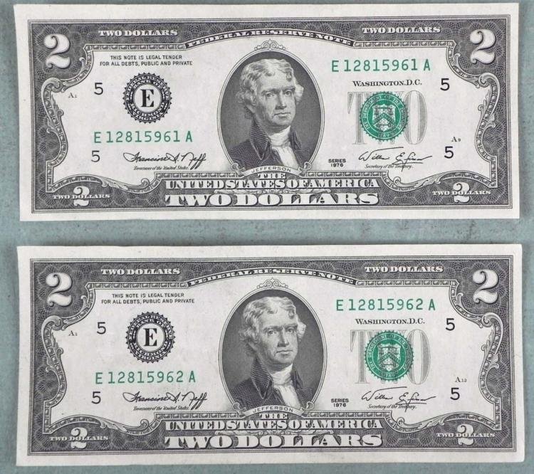 2 1976 $2 UNC Two Dollar Bills Notes Sequential E Mint: 2 Sequential 1976 $2 Two Dollar Bills * Mint mark: E (Richmond)