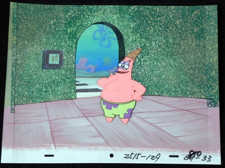 Orig SpongeBob Animation Cel, Background Patrick Leaves: This original hand-painted cel and background are from the Nickelodeon TV show SpongeBob Squarepants. The story takes place under the deep blue sea in Bikini Bottom, where Sp