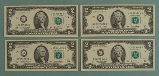 4 Consecutive # $2 Dollar Bill Notes 2003-A J Mint CU: (4) 2003-A $2 bills * * Serial Numbers: Consecutive * Mint mark: J (Kansas City) * Grade: Crisp Uncirculated