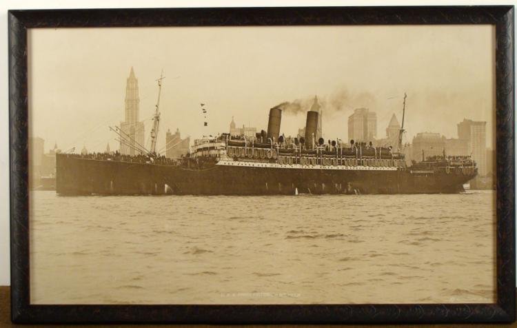 U.S.S. PRINZ FRIEDRICH WILHELM FRAMED PHOTOGRAPH: THIS IS A FANTASTIC PHOTO OF THE "U.S.S. PRINZ FRIEDRICH WILHELM" ENTERING NEW YORK. THE PHOTOGRAPH WAS COPYRIGHTED BY E MULLER JR-NY. THE PHOTO COMES IN A NICE EUROPEAN FRAME WITH GLASS.&