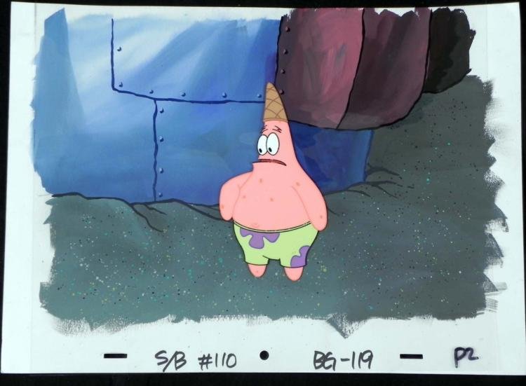 Orig SpongeBob Animation Cel, Background Patrick Wander: This original hand-painted cel and background are from the Nickelodeon TV show SpongeBob Squarepants. The story takes place under the deep blue sea in Bikini Bottom, where Sp