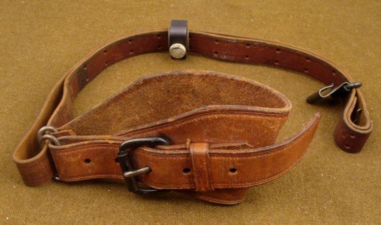WWII M1 TYPE LEATHER SLING AND SHOULDER HARNESS: THIS IS A WWII, M1 TYPE SLING AND SHOULDER HARNESS. IT IS MADE OUT OF VINTAGE QUALITY RIFLE LEATHER. IT COMES WITH BUCKLES, CLIPS & ADJUSTMENT HARDWARE. * * * *