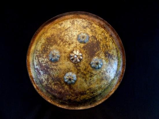 Circa 18th century Unusual Middle Eastern Islamic Armor: Circa 18th century Unusual Middle Eastern Islamic Armor Saracen Arabic Buckler Shield, measures 10 inch diameter, preserved belts MWF2350