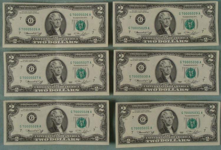 1976 6 $2 Dollar CU Bills Sequential Numbered Chicago: 1976 6 $2 Dollar Bills Sequential Numbered * Mint mark: G (Chicago)Condition: Crisp Uncirculated