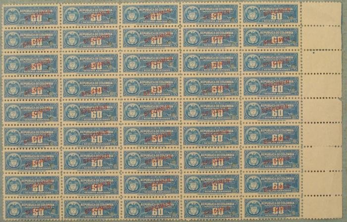 45 Colombia Specimen Revenue Stamps Plate Block 60 Cent: Here is a plate block of (45) small size 60 Centavos Revenue Stamps from Republic De Colombia, marked "IMPUESTO DE CONSUMO." Each has a red "SPECIMEN" overprint and security punch. They are marked "Am