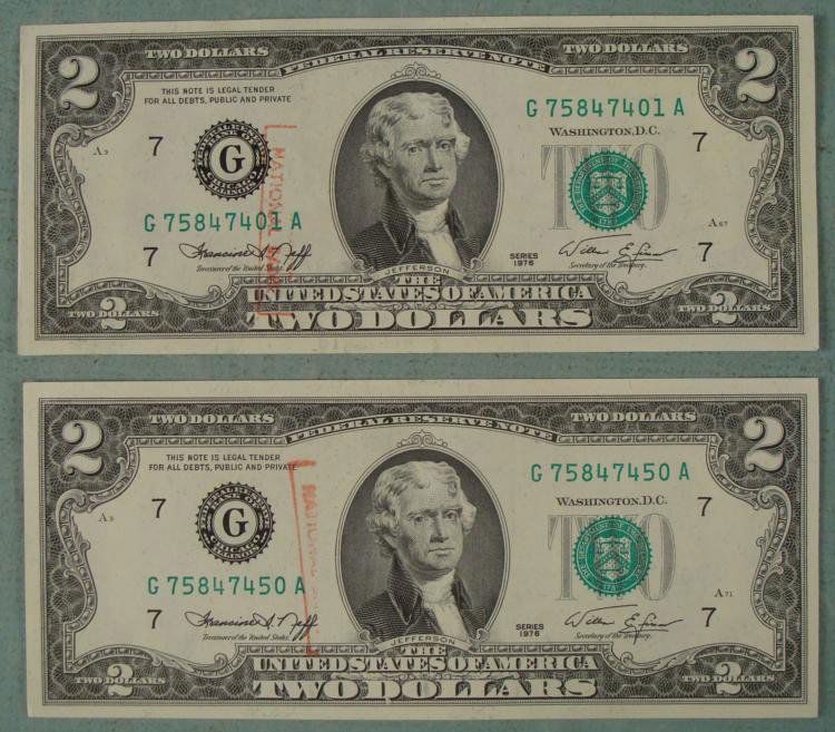 2 CU 1976 $2 Dollar Bills Ending No. 1 & 5 Bank Stamped: 2 1976 $2 Dollar Bills, ending in numbers 1 and 5 * Bank stampedMint mark: G (Chicago)Condition: Crisp Uncirculated