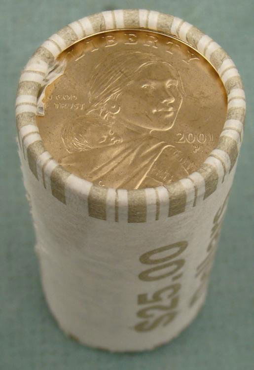 1 Bank Roll 2001-P UNC Sacagawea Dollars: This is an original bank wrapped roll of 2001-P Sacagawea dollars, containing 25 coins. * Condition: Mint, Gem uncirculatedNote: Roll you receive may look slightly different from the one shown *