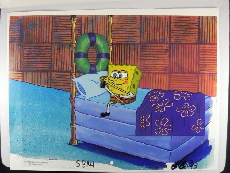 Orig SpongeBob Production Cel & Background -Shoes On: This original hand-painted cel with reproduction background is from the Nickelodeon TV show SpongeBob Squarepants. The story takes place under the deep blue sea in Bikini Bot