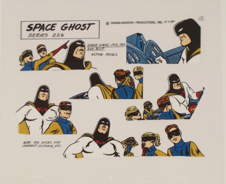 Space Ghost Jan Jace Blip Orig Model Cel Animation 1980: This is an original production animation model cel from the television show "Space Stars" featuring Space Ghost. This cel shows Space Ghost, Jan, Jace, and Blip the monkey, all in exciting action pose