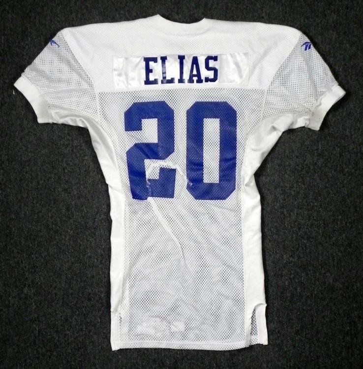 Game Worn Practice Jersey Keith Elias NY Giants NFL: This used practice jersey is from the National Football team, the New York Giants. The jersey is a size 48 Long and is made by Reebok. It is all white with blue writing. The Re