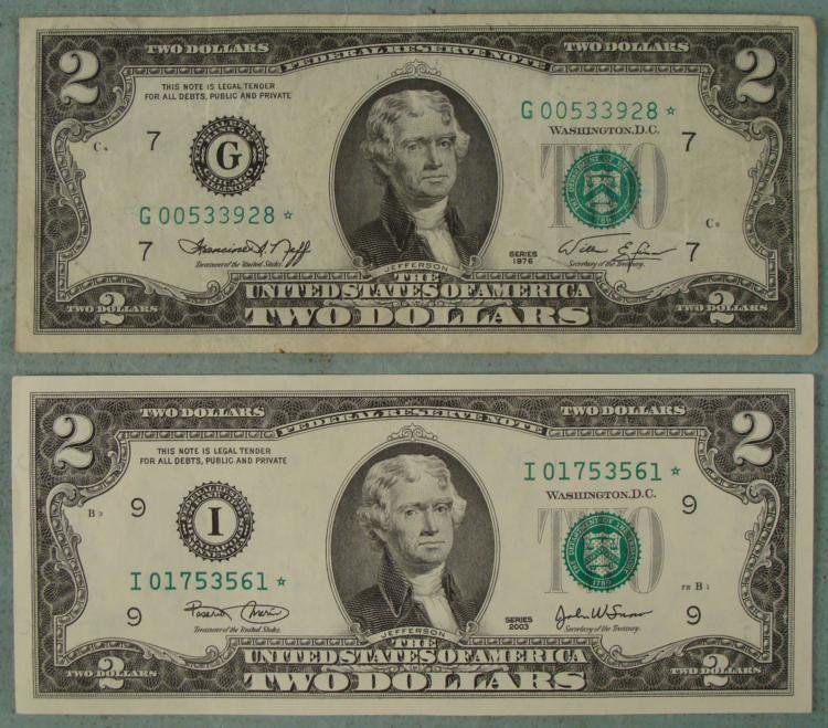 2 Diff Star Note $2 Bills 1976 G Mint 2003 I Mint: 2 Different Star Note $2 Bills * 1976Mint: G (Chicago) * 2003Mint: I (Minneapolis)Condition: Crisp Uncirculated