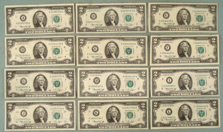 Complete Set 12 All Mint Marks 1976 $2 Bills Notes A-L: Complete set with All 12 Mint Marks of the 1976 $2 bill * Condition: All XF to Uncirculated Mint marks: A, B, C, D, E, F, G, H, I, J, K, L * Bills may be different from the ones shown