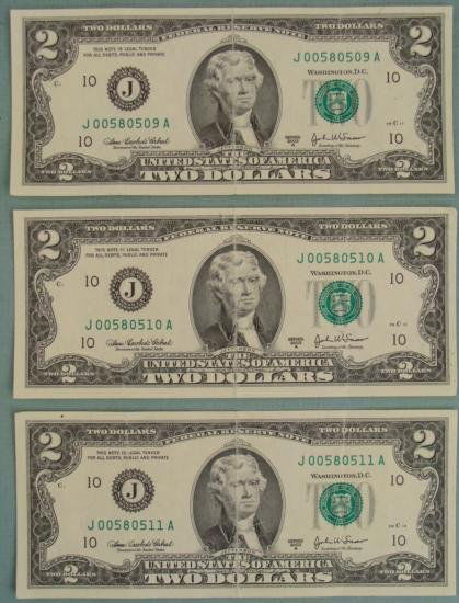 (3) 2003 A Consec # $2 Two Dollar Bills J Mint KC MO: 3) 2003-A $2 Notes with consecutive serial numbers * Mint mark: J (Kansas City) * *Bills you receive will have a different serial number from the ones shown