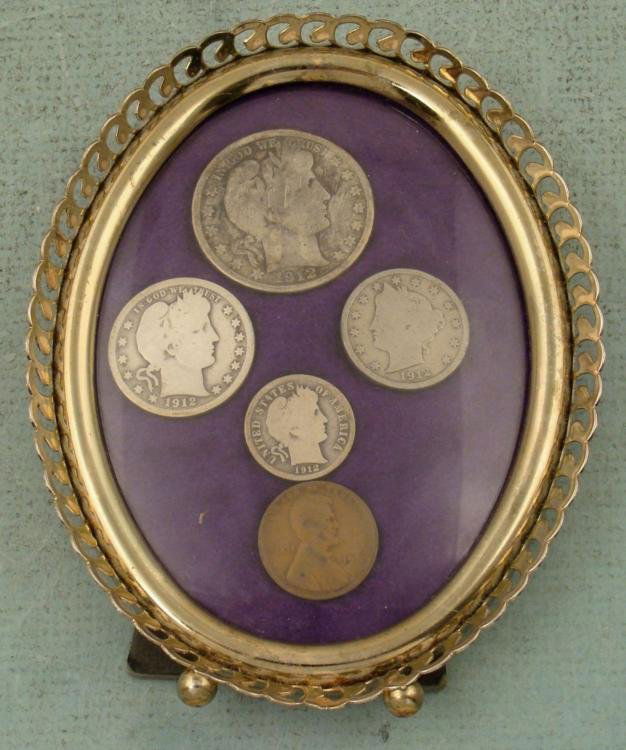 5 Coin 1912 Type Set Barber, Lincoln in Antique Frame: 5 Coin 1912 Type Set in antique frame * Coins: Barber half, Barber quarter, Barber dime, V nickel, Lincoln cent
