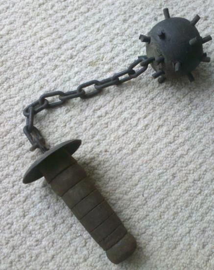 vintage mace ball and chain weapon measures 19 1/2 inc: vintage mace ball and chain weapon, measures 19 1/2 inches from ball to handle mwf2015