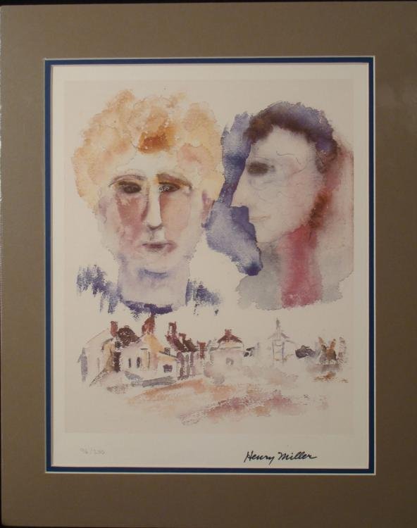 Henry Miller Writer Signed Art Print Lovers Dreaming: This is a print by noted novelist Henry Miller. The heads of two lovers hover dreamily above a small village. * Artist: Henry Miller Title: "Lovers Dreaming" Medium: Serigraph on paper Signature: Sign