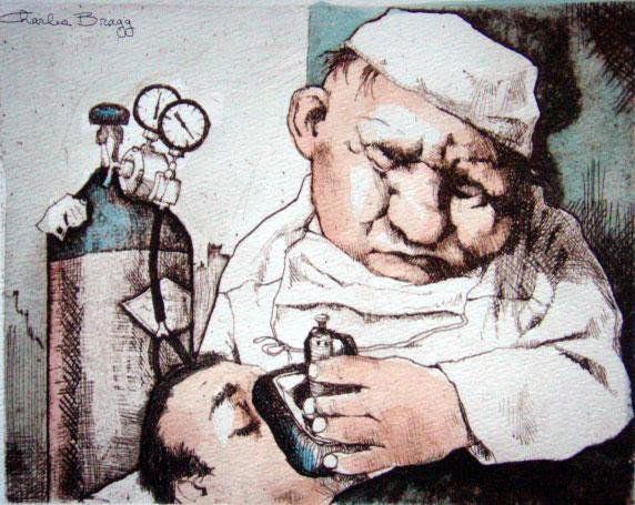 Charles Bragg Signed Medical Suite Art Print Gas Man: * Artist: Charles BraggTitle: "Gas Man"Signature: Signed by the artist in pencilEdition: Limited, from the "Medical Suite"Medium: Lithograph on paper, hand-colored with watercolor Size: 4-3/4" x 6"Con