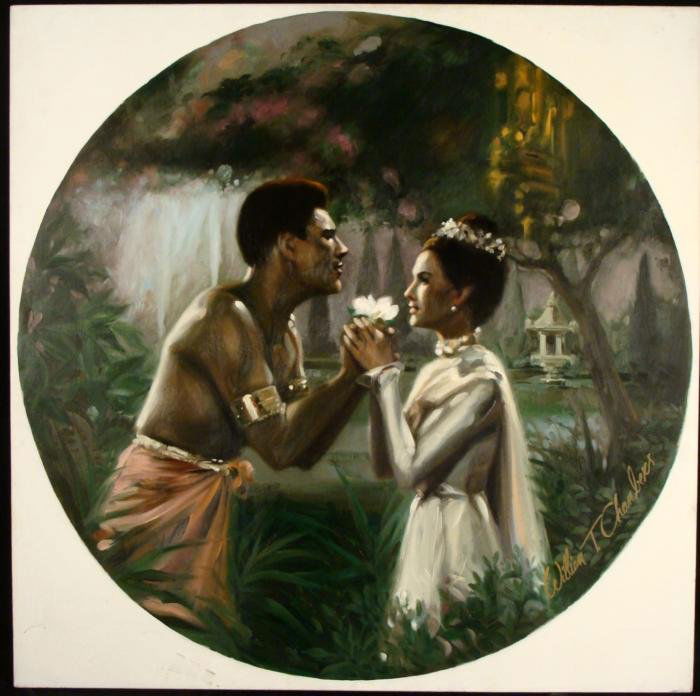 William Chambers Original Art Painting The King and I: This original portrait on canvas is recognizable as a scene from the movie "The King and I," and also as an image that originally appeared on a well known collector plate produced by the Edwin M. Know