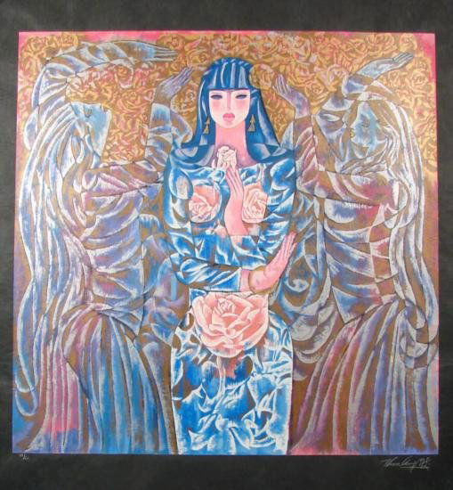 Zhou Ling GODDESS OF THE ROSES Yunnan Rice Art Print: This marvelously colorful print is by the popular and accomplished artist of the Yunnan School, Zhou Ling: Title: "Goddess of the Roses" Limited edition serigraph on black rice paper Signed and number