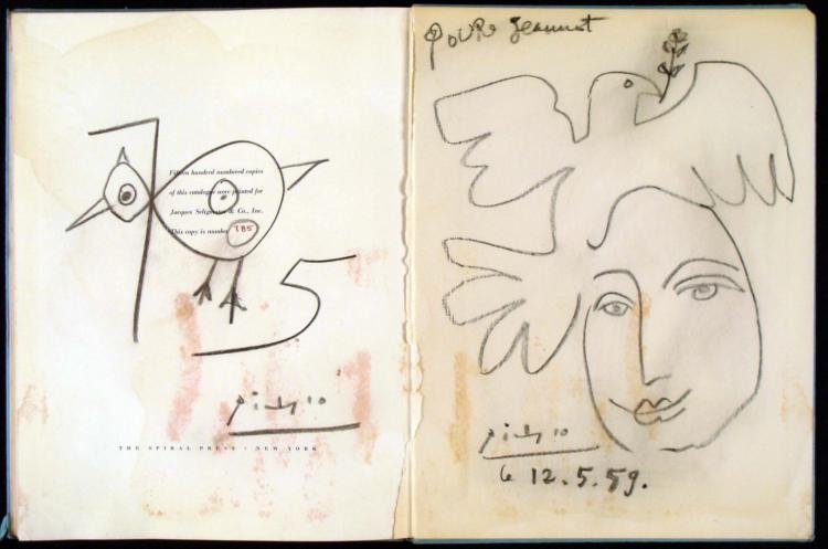 2 Picasso Original Drawings Signed In Exhibit Book 1936: Here are two original drawings by Pablo Picasso, one dedicated, and both signed by the artist. One drawing was done on the opposite side of the front cover of a book. The image portrays a dove holding