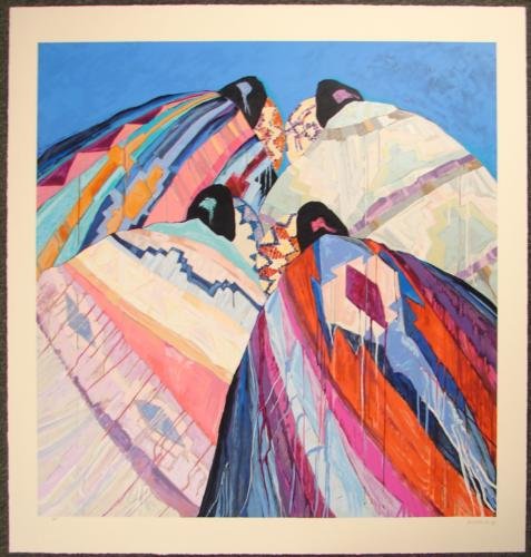 Southwest Art Roberts BRIGHT BLANKETS Print Beige Paper: This beautifully envisioned Southwestern style composition by famous Cherokee artist Dolona Roberts is printed on off-white or very light beige paper, which gives it a special warmth: * Title: "Bright