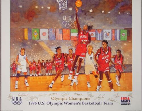1996 Olympics Bart Forbes Women's Basketball Poster: This colorful poster by famous sports artist Bart Forbes was created for the Olympic Games in Atlanta in 1996:Title: "1996 U.S. Olympic Women's Basketball Team"Poster on glossy paper22 × 28Very g