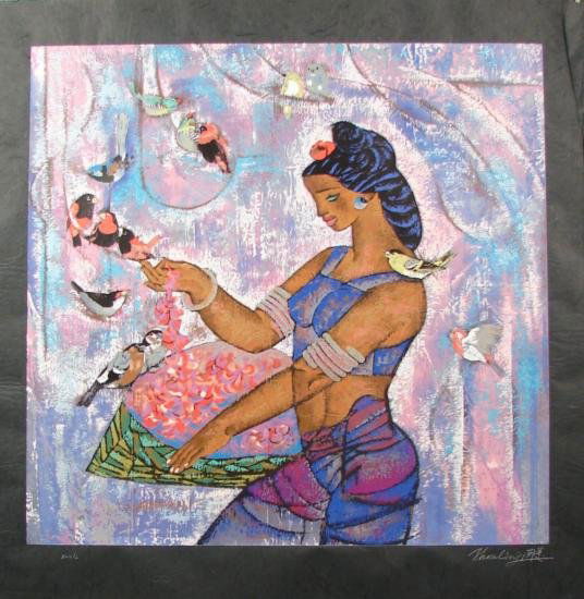 Zhou Ling SPRING Vibrant Rice Paper Yunnan Art Print: This vibrantly beautiful print is by the well-known and very popular Yunnan School artist Zhou Ling: Title: "Spring" Limited edition serigraph on rice paper Signed and numbered in Roman numerals from