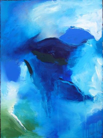 MOUNTAINS Abstract Acrylic Painting Paper Art ROBERTS:  Offered here is an acrylic on paper by American artist Dick Roberts. Deep blues mingle with airy whites and earthy greens in this abstract, bordering on the fleetin