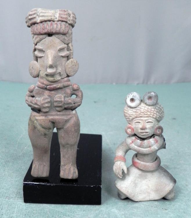 2 Antique Ancient Hand-made Figures-India, Asia: Here are two hand-made clay pieces, probably from a primitive region of India or Asia. Their age is unknown, they might be ancients. One is a standing male figure with earrring and headdress 5 1/4" ta