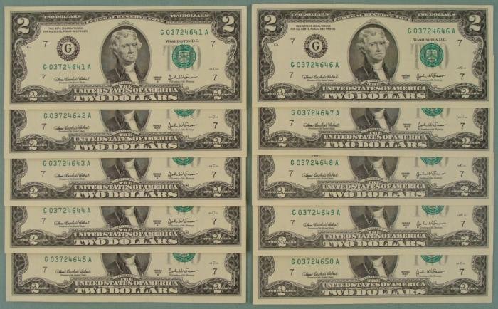 (10) Consec# 2003A $2 Notes Two Dollar Chicago Bills CU: (10) 2003-A $2 Notes * Mint mark: G (Chicago) Grade: Crisp Uncirculated The dollars you see pictured are different from the ones you will receive *