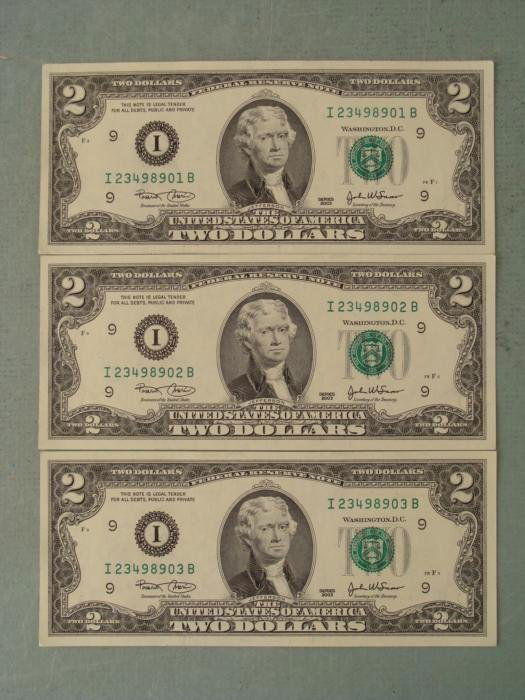 3 Consec # 2003 $2 Notes I Mint Minneapolis Bills CU: (3) 2003 $2 Notes, all with consecutive serial numbers * Mint mark: I (Minneapolis) Grade: Crisp Uncirculated*Note: Bills may have different serial numbers than those pictured
