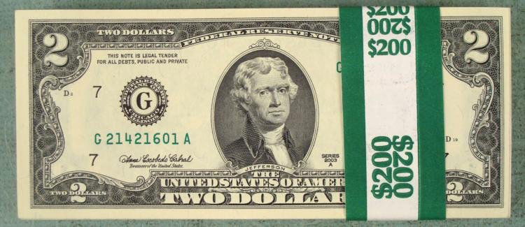 100 Consec $2 Chicago BankWrapped Notes Bills CU 2003 A: 100 original bank wrapped 2003 A $2 notes, totaling $200. * Condition: Crisp UncirculatedMint mark: G (Chicago)Serial Numbers: Consecutive