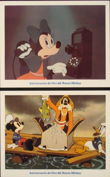 2 Mickey Mouse Golden Anniversary Orig Lobby Cards: Here are two original lobby cards from the Golden Anniversary of Mickey Mouse. The scenes Minnie on the telephone, and Goofy catching a fish, with Donald. The text is in Spanish, which makes these mor