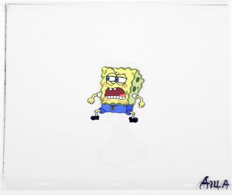 Production Spongebob Original Dirty Mouth Cel Art: This original animation cel is from the Nickelodeon TV show SpongeBob Squarepants. The story takes place under the deep blue sea in Bikini Bottom, where SpongeBob resides. Sp