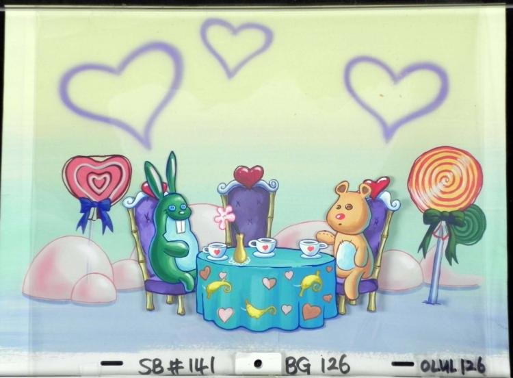 Original Background Tea Party Cel Production Spongebob: This original hand-painted background and animation cel is fromthe Nickelodeon TV show SpongeBob Squarepants. The story takesplace under the deep blue sea in Bikini Bott