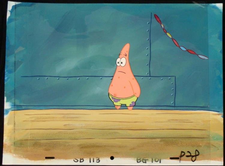 Orig SpongeBob Animation Cel, Background Patrick Party: This original hand-painted cel and background are from the Nickelodeon TV show SpongeBob Squarepants. The story takes place under the deep blue sea in Bikini Bottom, where Sp