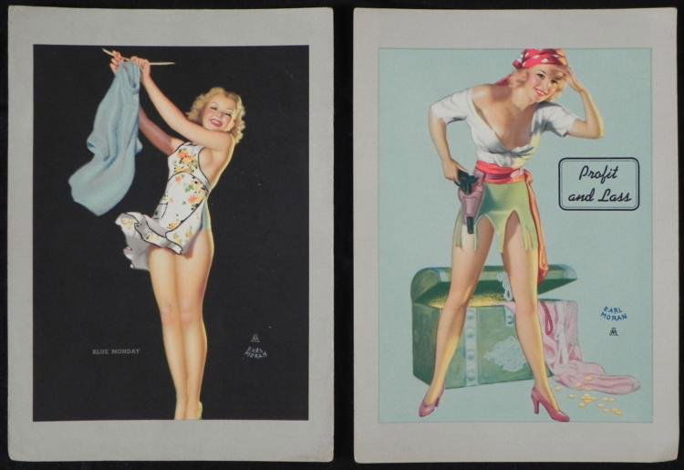 2 WWII PIN UP GIRL PRINTS BY EARL MORAN: 2 WWII PIN UP GIRL PRINTS BY EARL MORAN--5X7" EACH * BLUE MONDAY & PROFIT AND LASS--THE TYPE WWII GI'S WOULD CARRY *