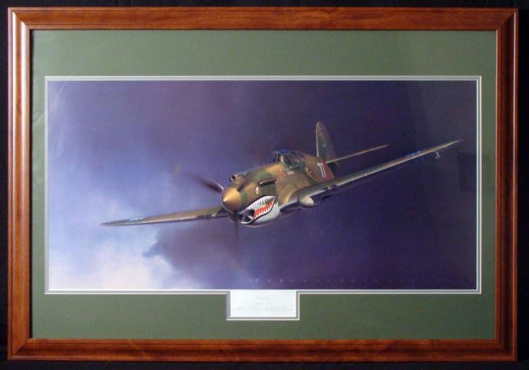 FLYING TIGER 27x39" FRAMED COLOR PRINT ROBT T. SMITH: OUTSTANDING FLYING TIGER 27x39" FRAMED COLOR PRINT "TIGER"-FLOWN BY ROBT T. SMITH-1ST AMER VOL GROUP-VINTAGE * ARTIST IS JACK FELLOWS ASAA-OF A GREAT ACTION RENDITION OF A COMBAT ACTION SHOT OF THE FL